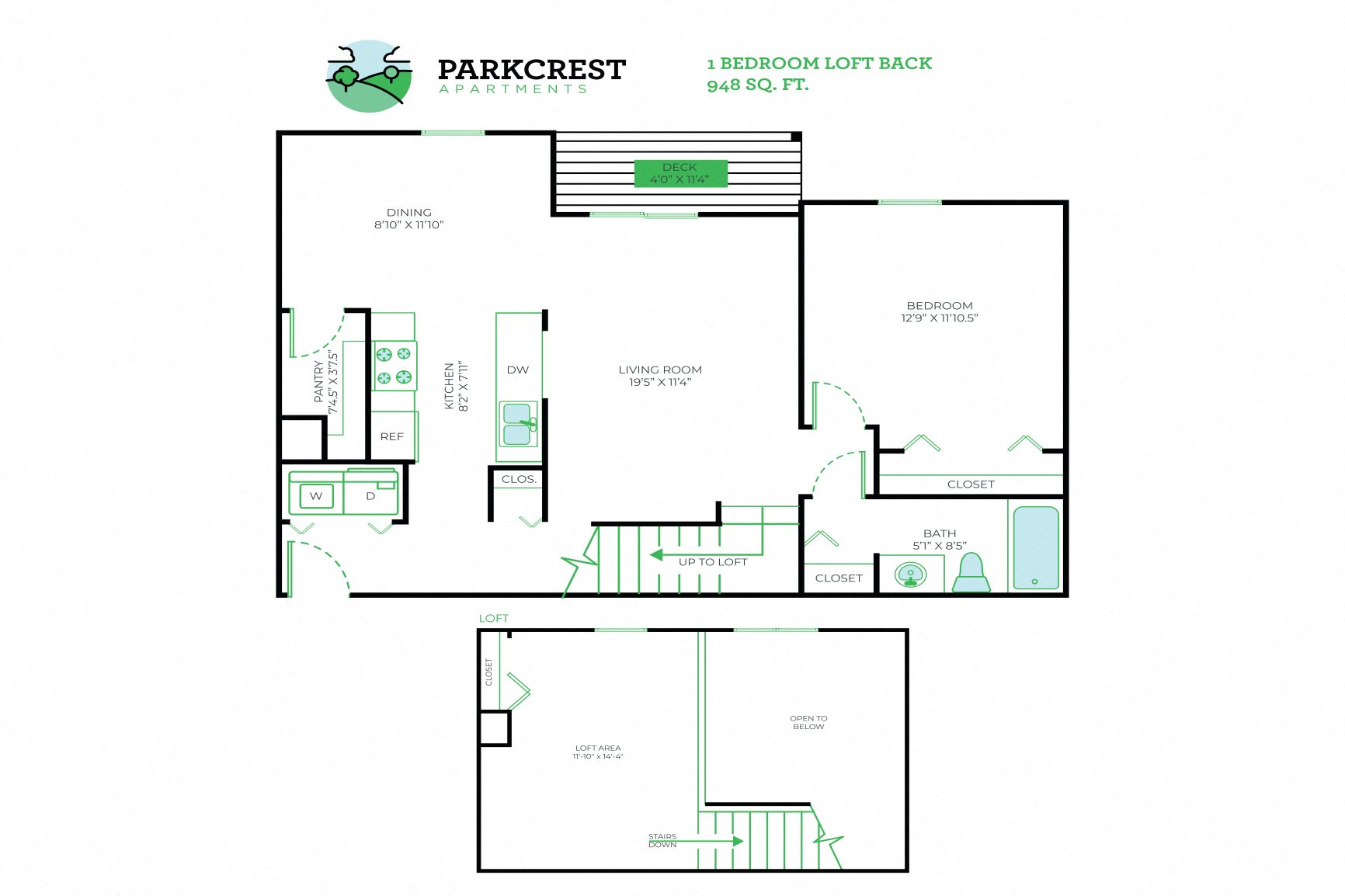 Floor plan for 1 bed, 1 bath, 948 sqft